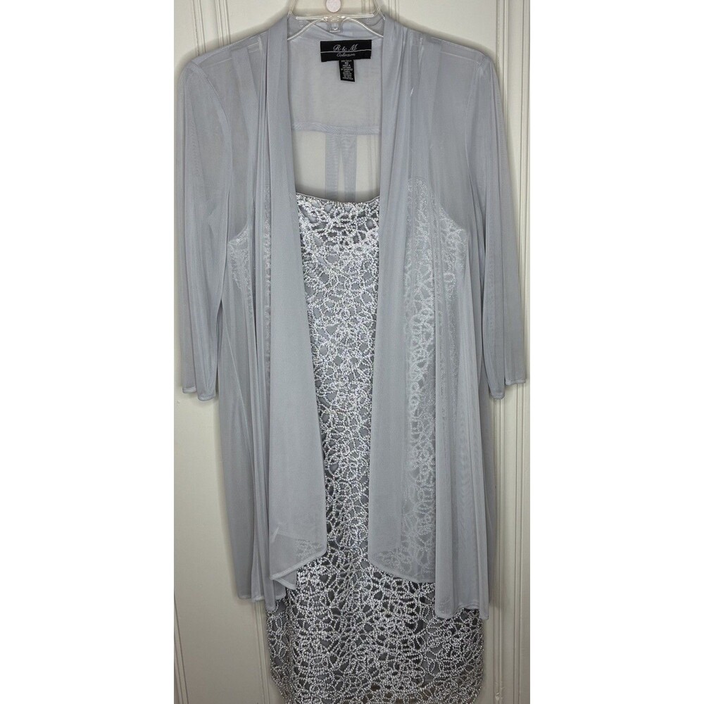 Silver Blue Glitter Lace Sheath Dress Sheer Chiffon Jacket Sz 10 Formal Wedding